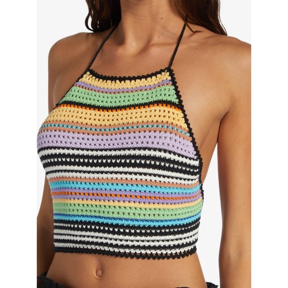 🏷️NWT Roxy Daydreamer Crochet Knit Halter Top In Rainbow/Black Stripes - Medium - Picture 1 of 9